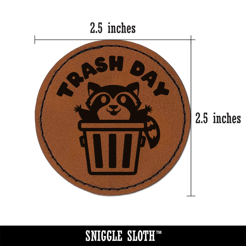 Trash Day Raccoon in Can Round Iron-On Engraved Faux Leather Patch Applique - 2.5"
