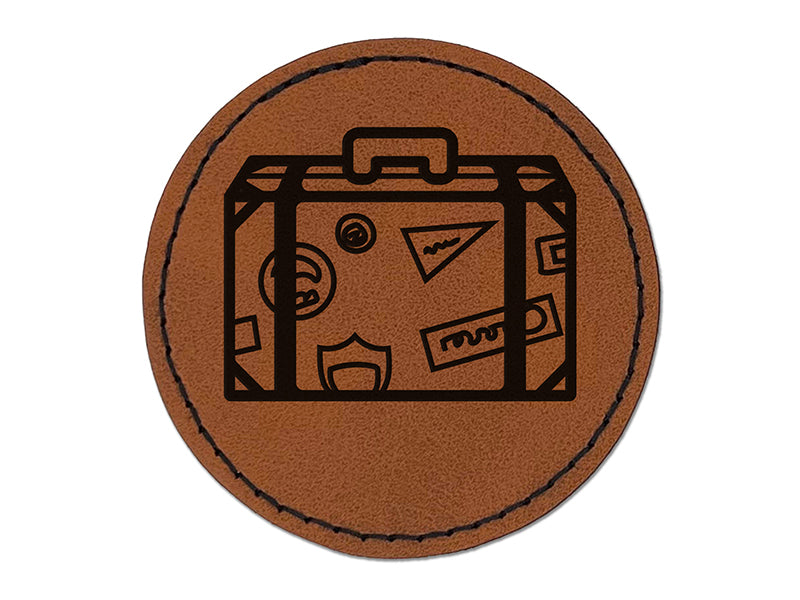 Travel Suitcase with Destination Stickers Round Iron-On Engraved Faux Leather Patch Applique - 2.5"