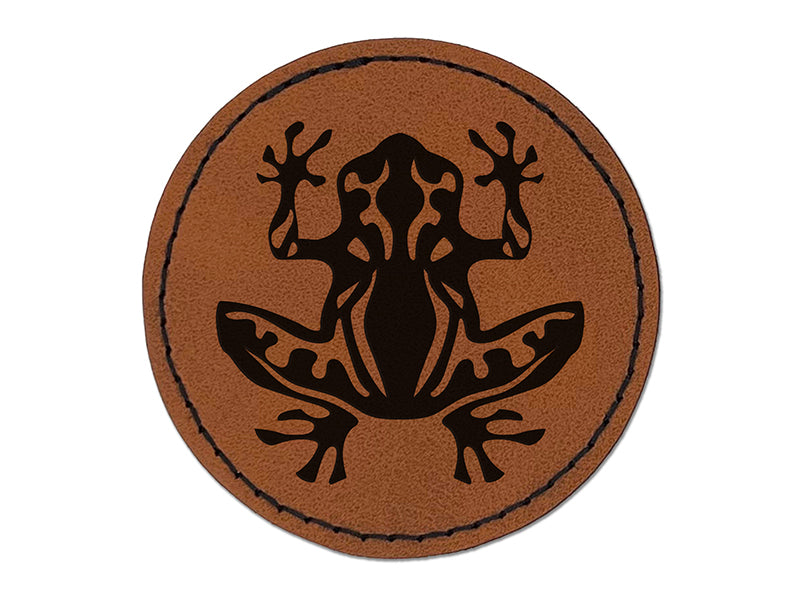 Tribal Frog Round Iron-On Engraved Faux Leather Patch Applique - 2.5"