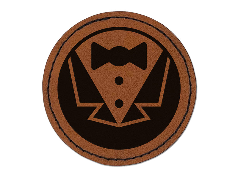 Tuxedo Groom Suit Bowtie Wedding Icon Round Iron-On Engraved Faux Leather Patch Applique - 2.5"