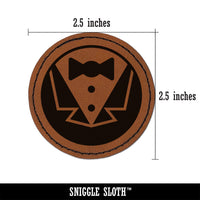 Tuxedo Groom Suit Bowtie Wedding Icon Round Iron-On Engraved Faux Leather Patch Applique - 2.5"