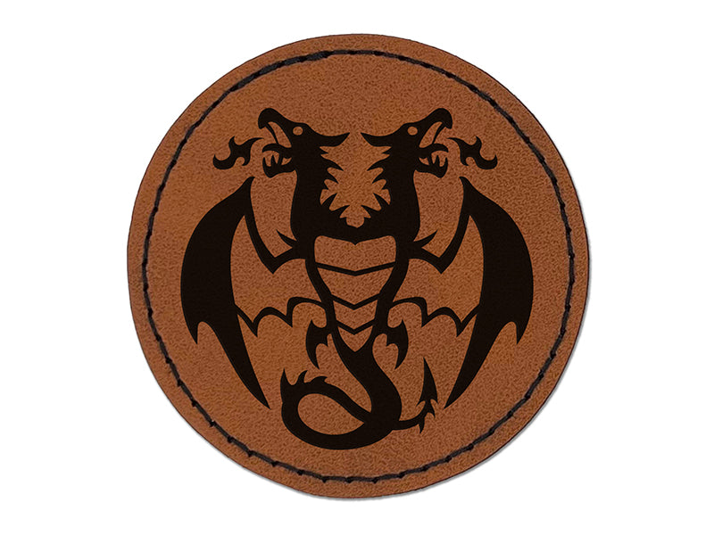 Two Headed Dragon Drake Wyvern Round Iron-On Engraved Faux Leather Patch Applique - 2.5"