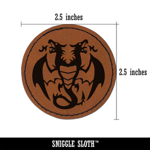 Two Headed Dragon Drake Wyvern Round Iron-On Engraved Faux Leather Patch Applique - 2.5"
