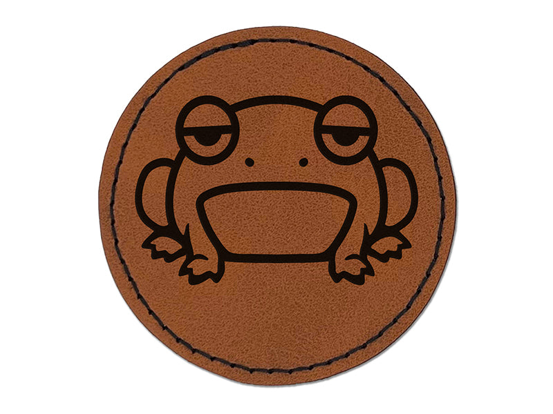 Unamused and Grumpy Frog Round Iron-On Engraved Faux Leather Patch Applique - 2.5"