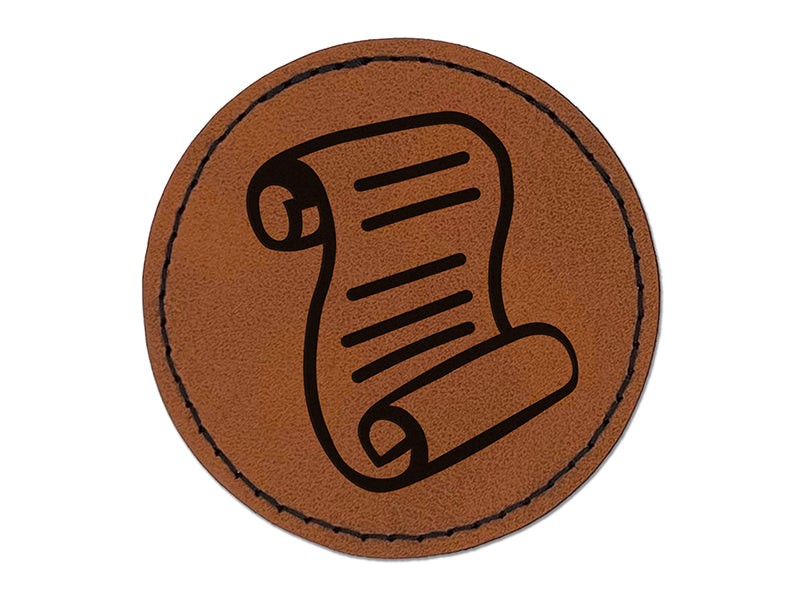 Unrolled Scroll of Parchment and Text Round Iron-On Engraved Faux Leather Patch Applique - 2.5"