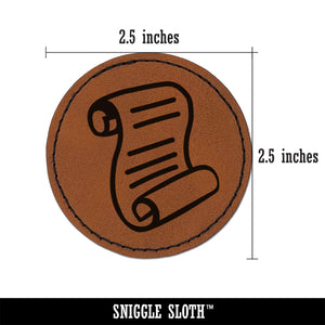 Unrolled Scroll of Parchment and Text Round Iron-On Engraved Faux Leather Patch Applique - 2.5"