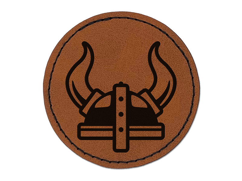 Viking Horned Helmet Round Iron-On Engraved Faux Leather Patch Applique - 2.5"