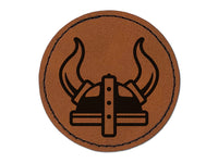 Viking Horned Helmet Round Iron-On Engraved Faux Leather Patch Applique - 2.5"