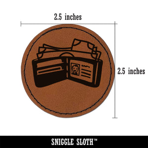 Wallet Billfold Full of Cash Money Round Iron-On Engraved Faux Leather Patch Applique - 2.5"