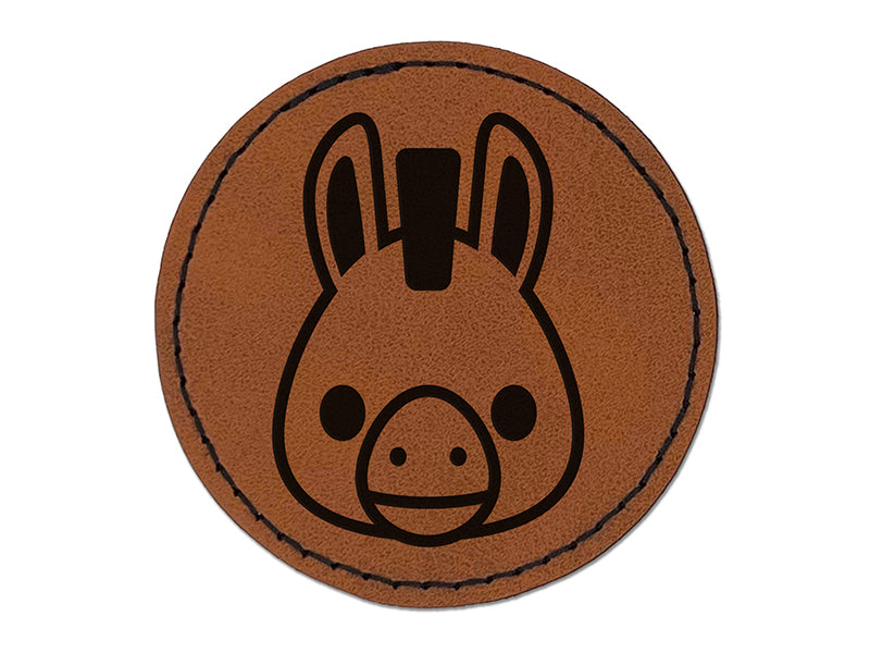 Witty Donkey Mule Head Round Iron-On Engraved Faux Leather Patch Applique - 2.5"