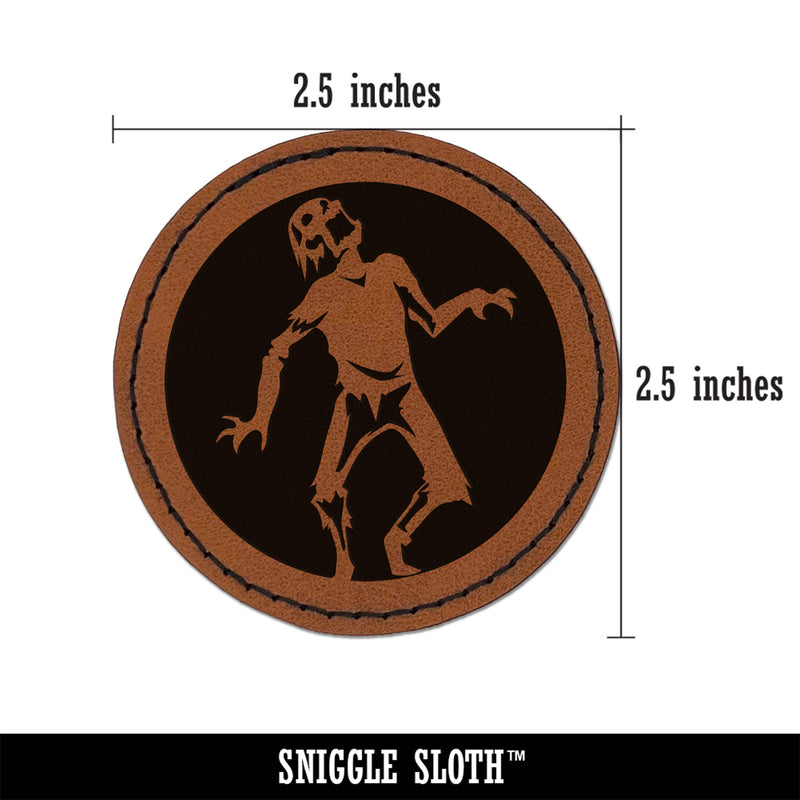 Zombie Shambling Walking Undead Round Iron-On Engraved Faux Leather Patch Applique - 2.5"