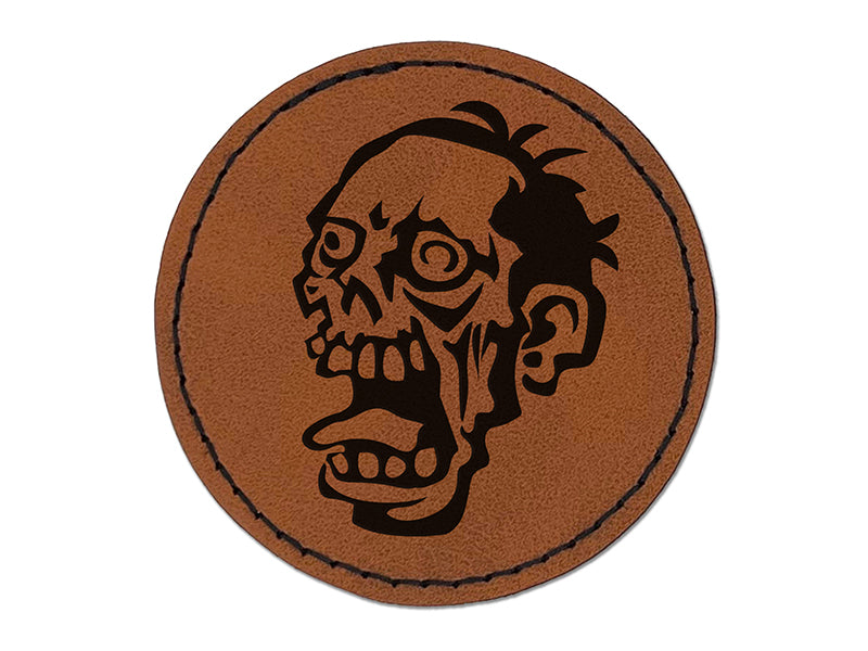 Zombie Undead Creepy Head Round Iron-On Engraved Faux Leather Patch Applique - 2.5"