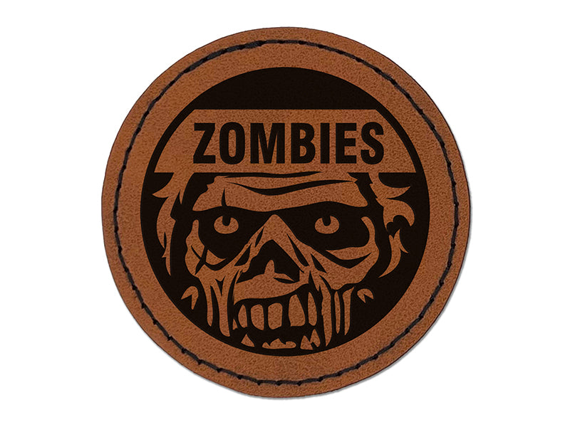 Zombies Scary Undead Face Round Iron-On Engraved Faux Leather Patch Applique - 2.5"