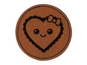 Cute Kawaii Heart with Bow Round Iron-On Engraved Faux Leather Patch Applique - 2.5"