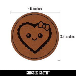 Cute Kawaii Heart with Bow Round Iron-On Engraved Faux Leather Patch Applique - 2.5"