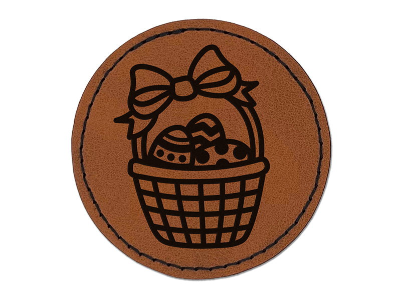 Easter Basket with Eggs Round Iron-On Engraved Faux Leather Patch Applique - 2.5"