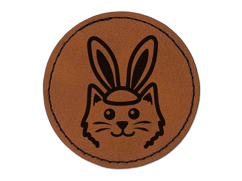 Easter Cat with Bunny Ears Round Iron-On Engraved Faux Leather Patch Applique - 2.5"