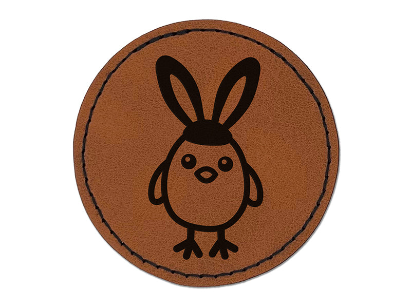 Easter Chick with Bunny Ears Round Iron-On Engraved Faux Leather Patch Applique - 2.5"