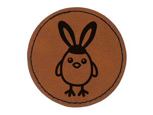 Easter Chick with Bunny Ears Round Iron-On Engraved Faux Leather Patch Applique - 2.5"