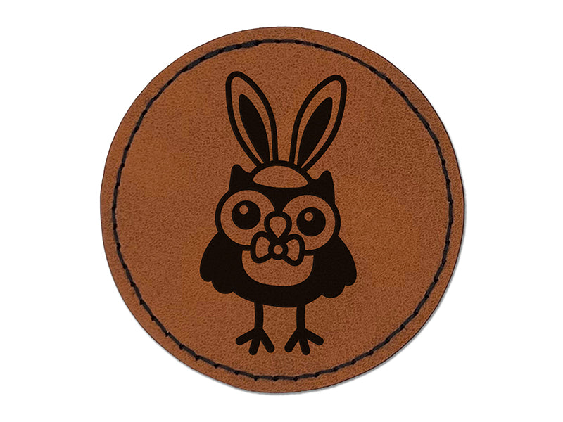 Easter Owl with Bunny Ears Round Iron-On Engraved Faux Leather Patch Applique - 2.5"