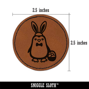 Easter Penguin with Bunny Ears and Basket Round Iron-On Engraved Faux Leather Patch Applique - 2.5"