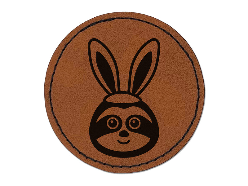 Easter Sloth with Bunny Ears Round Iron-On Engraved Faux Leather Patch Applique - 2.5"