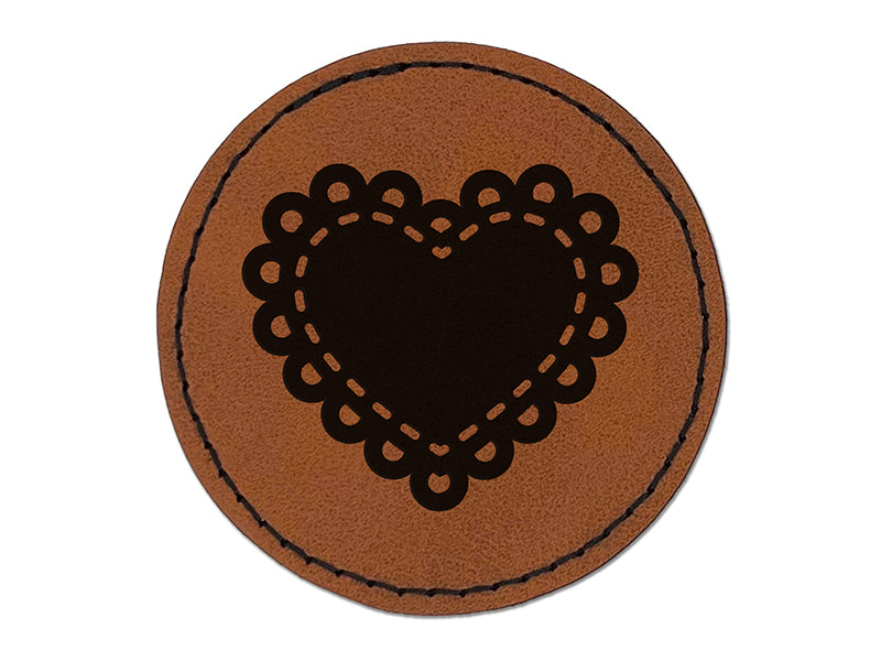 Fancy Heart Doily Love Valentine's Day Round Iron-On Engraved Faux Leather Patch Applique - 2.5"