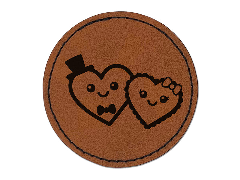 Heart Couple Love Anniversary Valentine's Day Round Iron-On Engraved Faux Leather Patch Applique - 2.5"