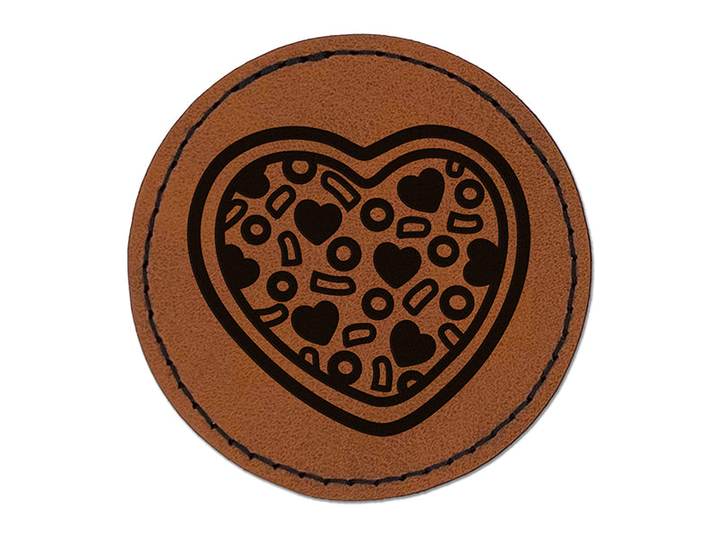Heart Pizza Love Round Iron-On Engraved Faux Leather Patch Applique - 2.5"