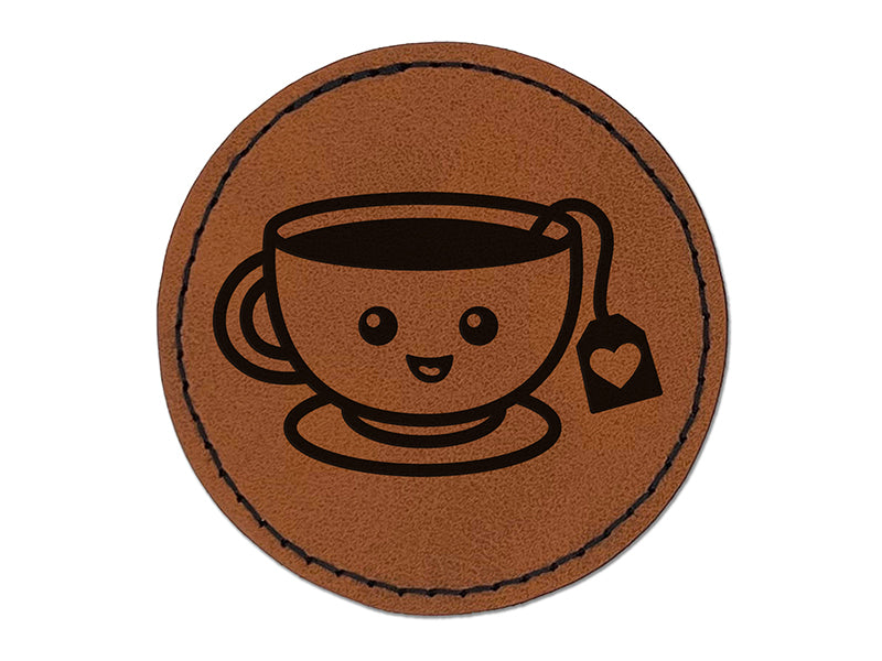 Kawaii Cute Cup of Tea Round Iron-On Engraved Faux Leather Patch Applique - 2.5"