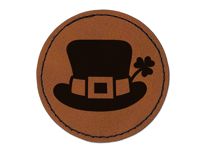 Leprechaun Hat with Shamrock Saint Patrick's Day Round Iron-On Engraved Faux Leather Patch Applique - 2.5"