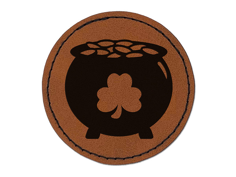 Lucky Pot of Gold with Shamrock Saint Patrick's Day Round Iron-On Engraved Faux Leather Patch Applique - 2.5"