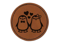 Penguin Couple in Love Anniversary Round Iron-On Engraved Faux Leather Patch Applique - 2.5"