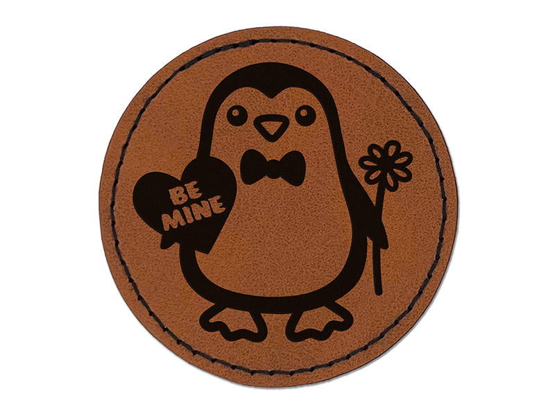 Penguin with Heart and Flower Valentine Round Iron-On Engraved Faux Leather Patch Applique - 2.5"