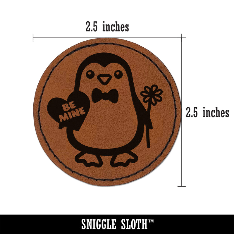 Penguin with Heart and Flower Valentine Round Iron-On Engraved Faux Leather Patch Applique - 2.5"
