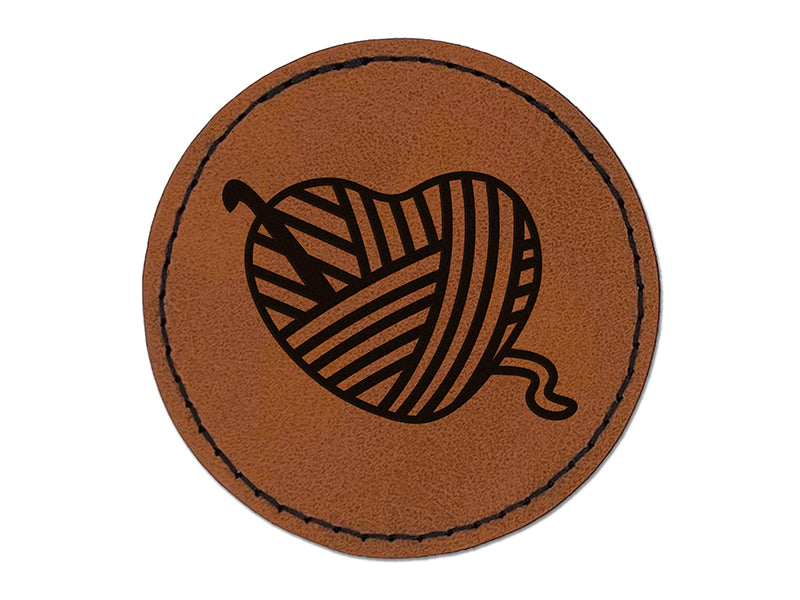 Yarn Heart Crocheting Round Iron-On Engraved Faux Leather Patch Applique - 2.5"