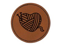 Yarn Heart Knitting Round Iron-On Engraved Faux Leather Patch Applique - 2.5"