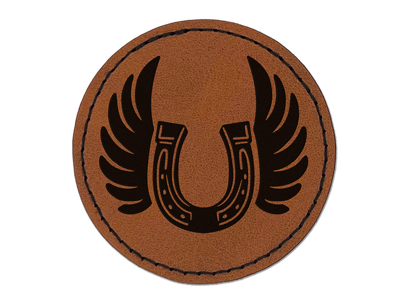 Angel Wings on Horseshoe Loss of Pet Horse Round Iron-On Engraved Faux Leather Patch Applique - 2.5"
