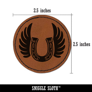 Angel Wings on Horseshoe Loss of Pet Horse Round Iron-On Engraved Faux Leather Patch Applique - 2.5"