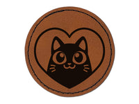 Cat Inside of Heart Love Round Iron-On Engraved Faux Leather Patch Applique - 2.5"