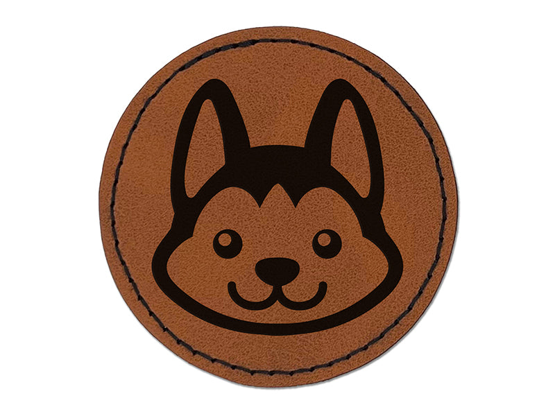 Chibi Husky Dog Head Round Iron-On Engraved Faux Leather Patch Applique - 2.5"