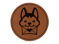 Chibi Husky Dog Holding Mail Envelope Round Iron-On Engraved Faux Leather Patch Applique - 2.5"