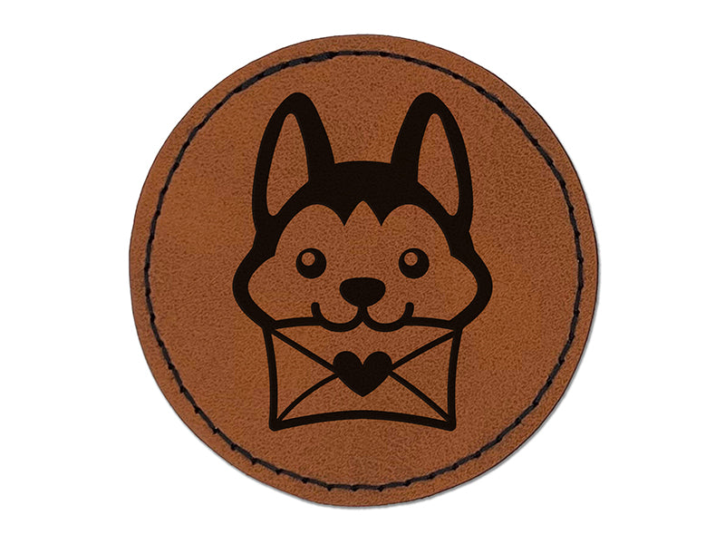 Chibi Husky Dog Holding Mail Envelope Round Iron-On Engraved Faux Leather Patch Applique - 2.5"