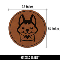 Chibi Husky Dog Holding Mail Envelope Round Iron-On Engraved Faux Leather Patch Applique - 2.5"