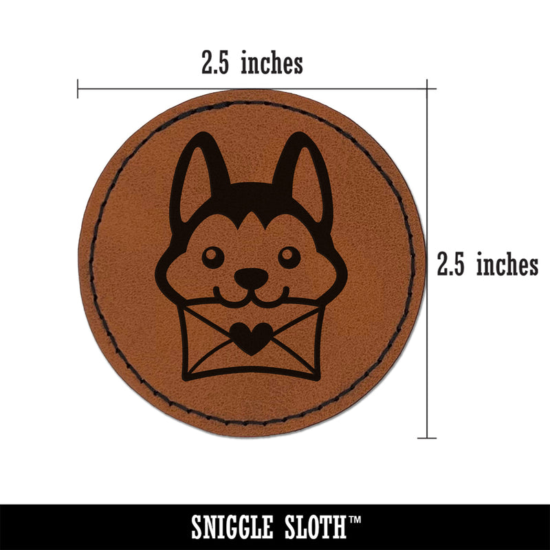 Chibi Husky Dog Holding Mail Envelope Round Iron-On Engraved Faux Leather Patch Applique - 2.5"