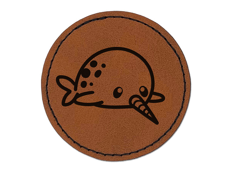 Chibi Narwhal Plopped on Belly Round Iron-On Engraved Faux Leather Patch Applique - 2.5"