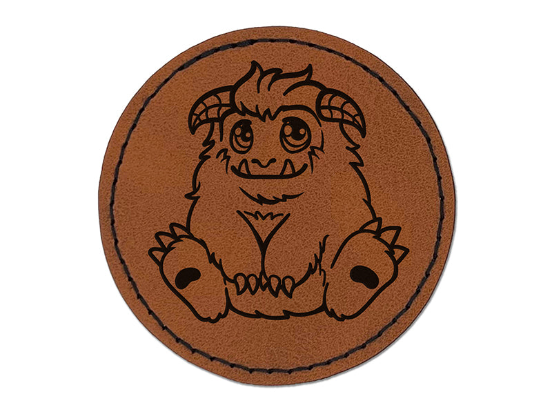Chibi Sitting Yeti Abominable Snowman Round Iron-On Engraved Faux Leather Patch Applique - 2.5"