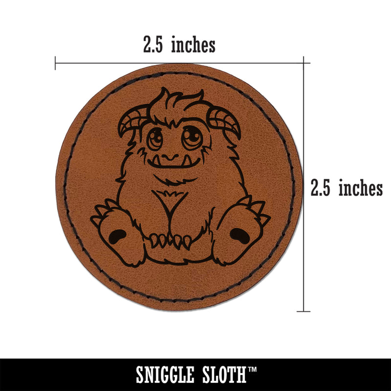 Chibi Sitting Yeti Abominable Snowman Round Iron-On Engraved Faux Leather Patch Applique - 2.5"