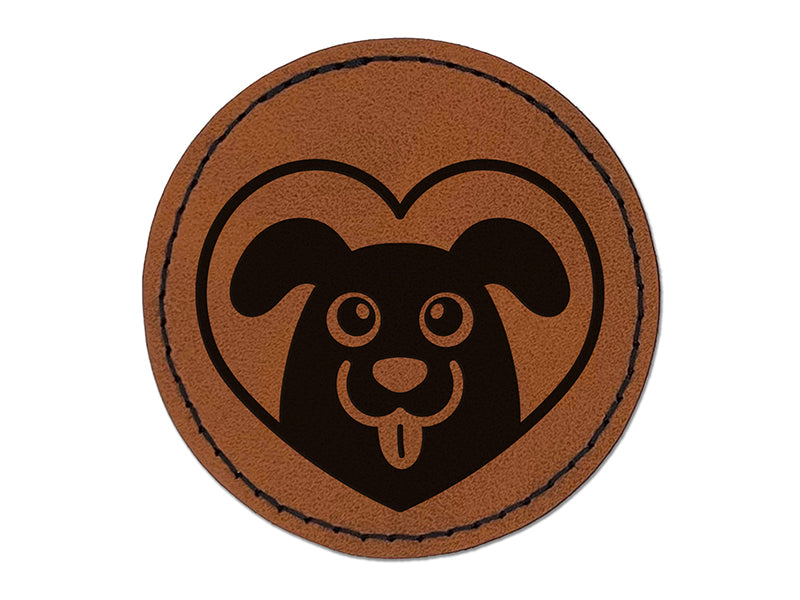 Dog Inside of Heart Love Round Iron-On Engraved Faux Leather Patch Applique - 2.5"