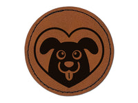 Dog Inside of Heart Love Round Iron-On Engraved Faux Leather Patch Applique - 2.5"